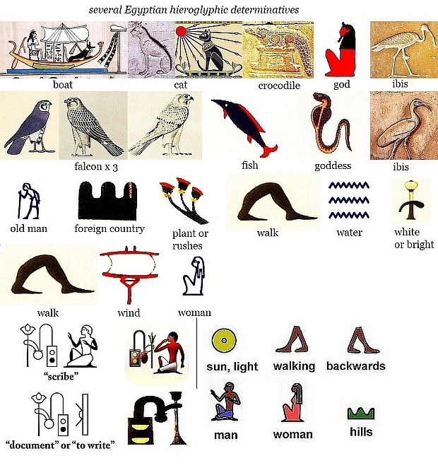 "Chart of Egyptian hieroglyphic determinatives, including symbols for objects, animals, actions, and abstract concepts used to clarify word meanings."