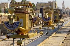 "Modern procession along the Avenue of Sphinxes in Luxor, re-enacting the ancient Opet Festival."