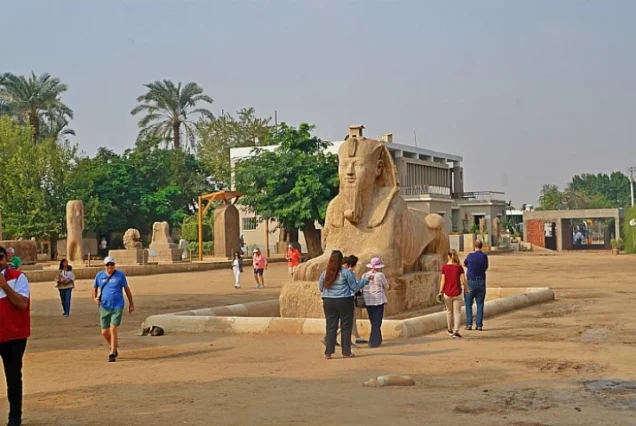 This image shows the Alabaster Sphinx located in the open-air museum at the site of ancient Memphis near Mit Rahina, Egypt.