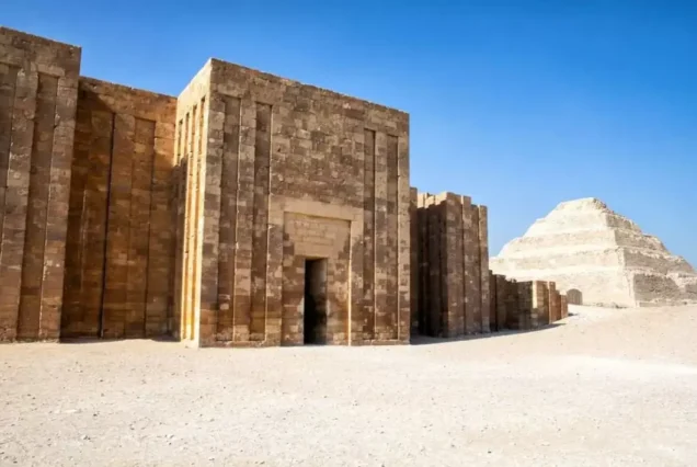 This image shows the entrance to the Pyramid Complex of Djoser in Saqqara, Egypt, marking a pivotal moment in architectural history.