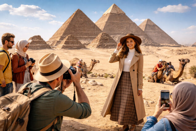 Photo session Tourists near pyramids with camels